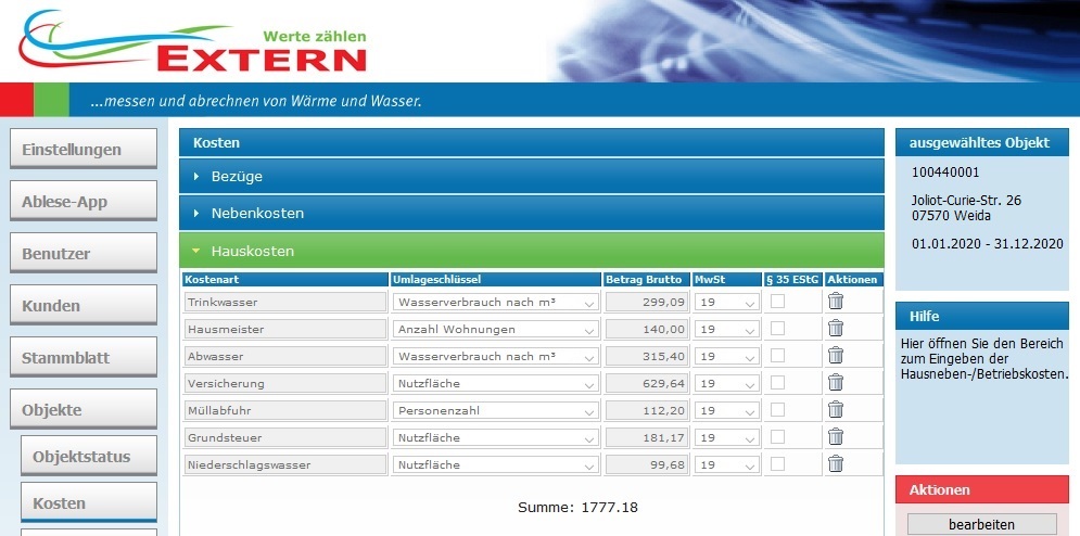Kosteneingabe E-Service mit Joliot-Curie